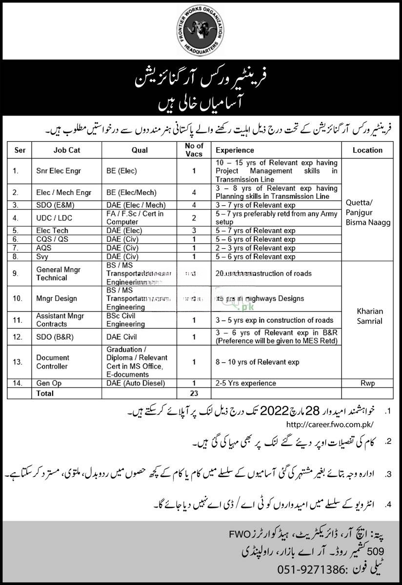 Frontier Works Organization FWO Jobs 2022 Apply Online Last Date | Today Latest Government Jobs 2022