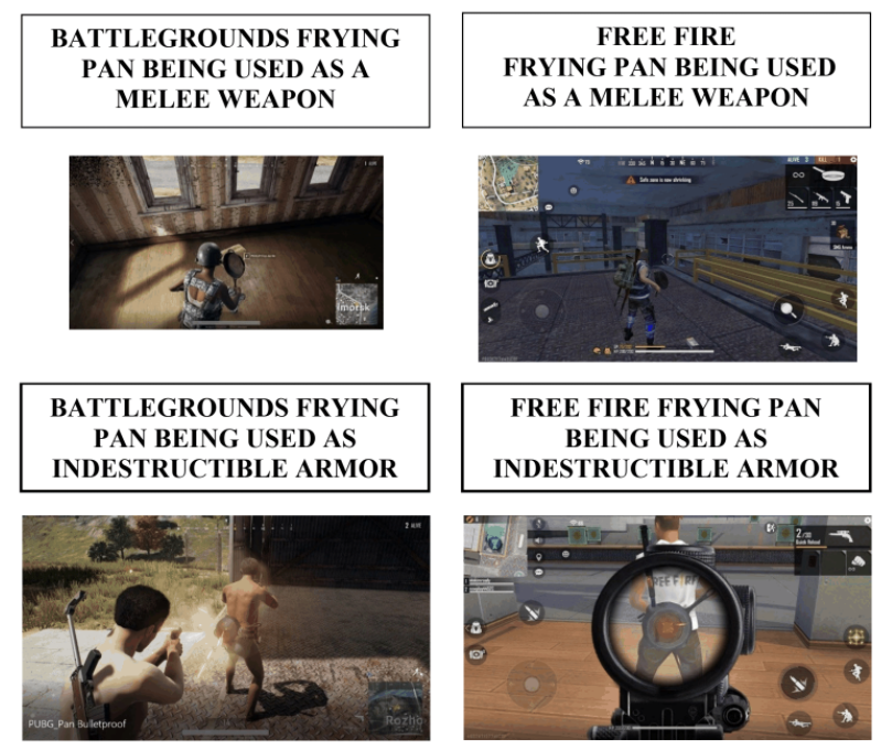 مقارنات صور من دعوى Krafton، تُظهر الاستخدام المماثل لـ PUBG و Free Fire لإحدى الأدوات المستخدمة باللعبة وهي أواني القلي