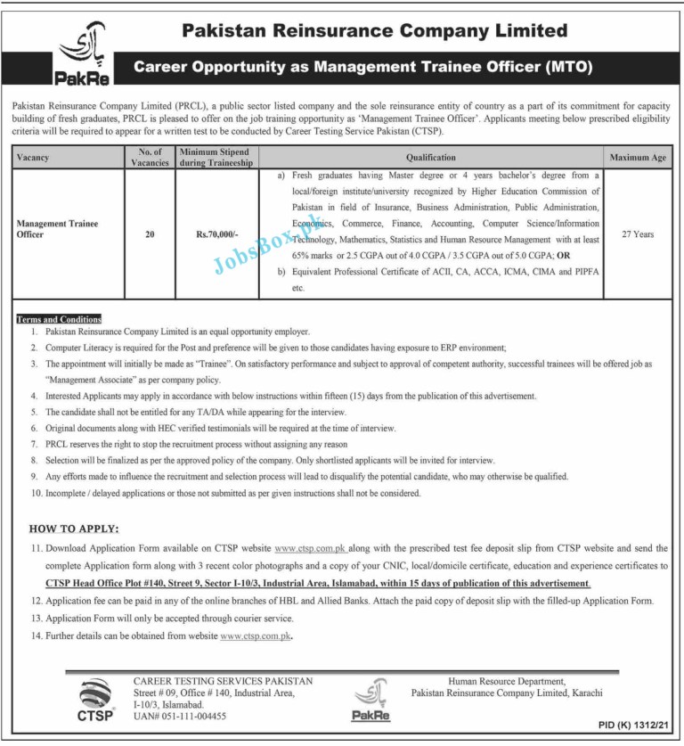 www.ctsp.com.pk - PRCL Pakistan Reinsurance Company Limited Jobs 2021 in Pakistan