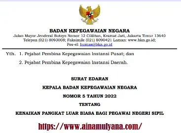 Surat Edaran Kepala BKN Nomor 5 Tahun 2022 Tentang Kenaikan Pangkat Luar Biasa Bagi PNS