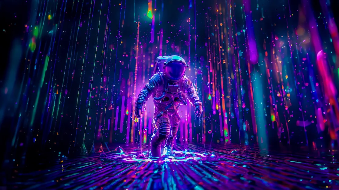 Vibrant 4K wallpaper of an astronaut in a neon-lit space with streaks of colorful light rain.