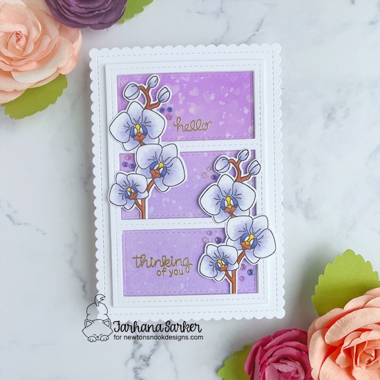 Thinking of You card by Farhana Sarker | Orchids Stamp Set and A7 Frames & Banners Die Set by Newton's Nook Designs