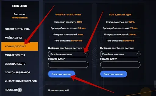 Пополнение баланса в Coinlord