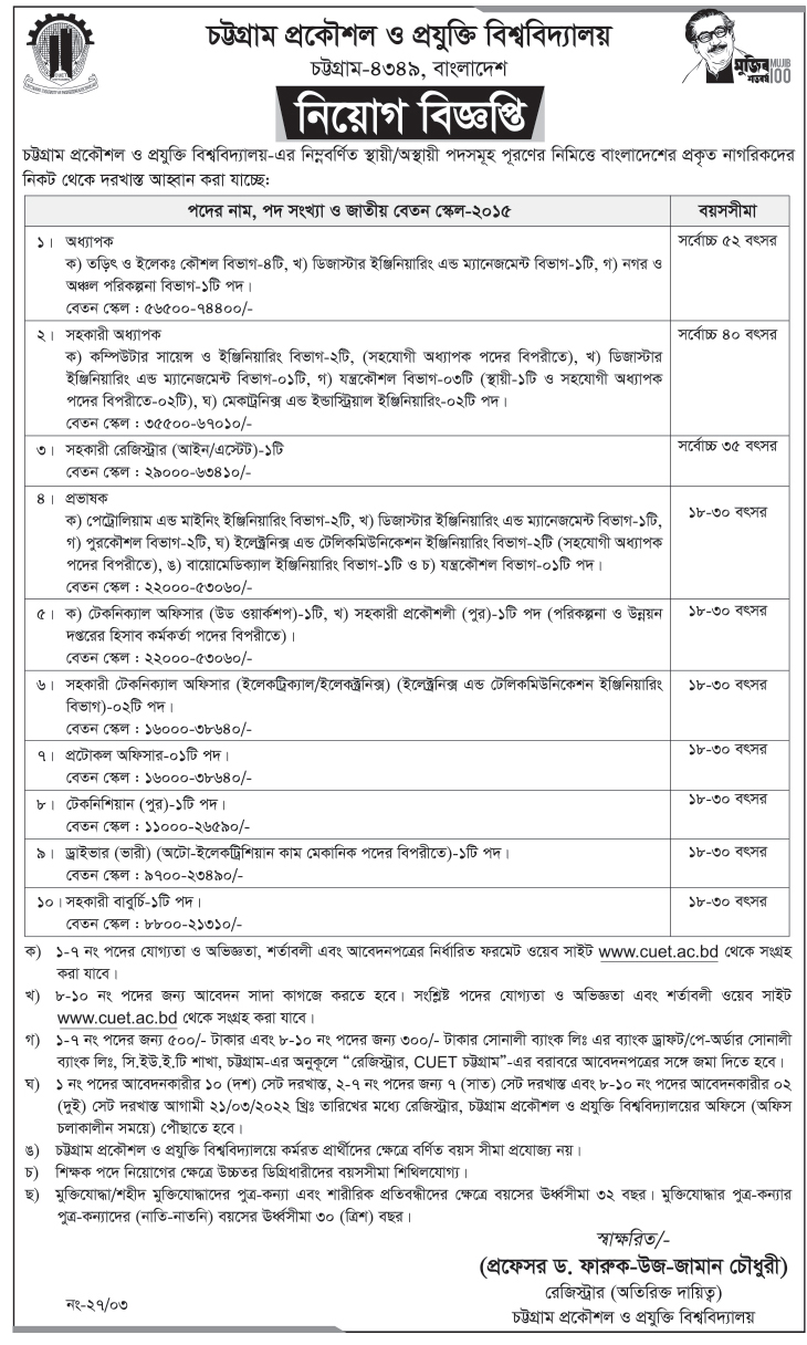 চট্টগ্রাম প্রকৌশল ও প্রযুক্তি বিশ্ববিদ্যালয় নিয়োগ বিজ্ঞপ্তি ২০২২ | Chittagong University of Engineering and Technology Recruitment Circular 2022