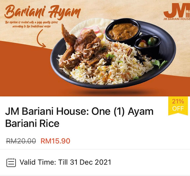 one (1) Ayam Bariani Rice from JM Bariani House for RM15.90 (original price RM20.00)