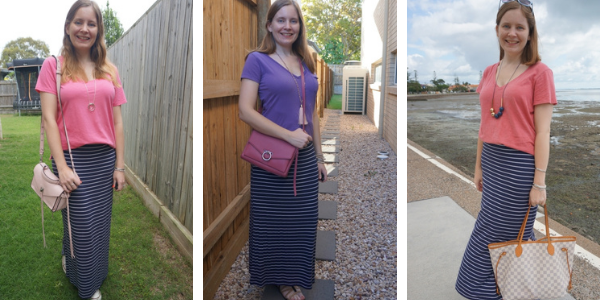 navy striped maxi skirt with pink 3 outfits | awayfromblue blog