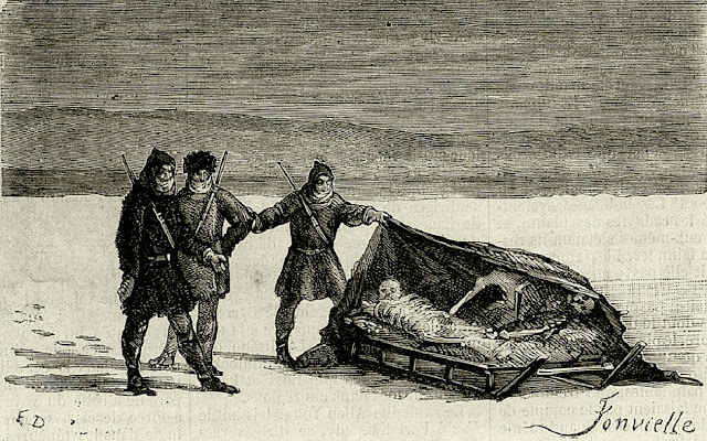 Экспедиция Фрэнсиса Макклинтока находит останки людей Франклина. Иллюстрация из журнала Le Voleur. 1877 год