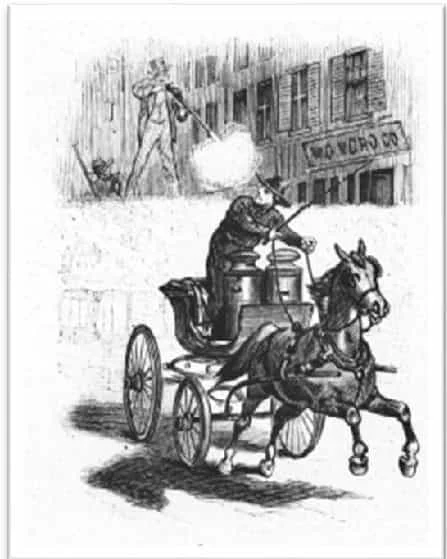 “Milkman Attempting to Pass a Barricade”, Frank Leslie’s Weekly, September 21, 1878