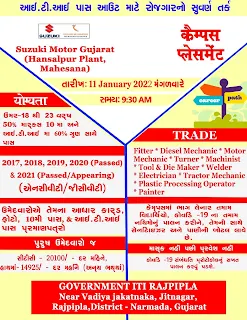 Suzuki Motors Ltd ITI Campus Placement Drive On 11th January 2022 at Govt ITI Rajpipla & 12th January 2022 at GIA ITI Vardhari, Gujarat