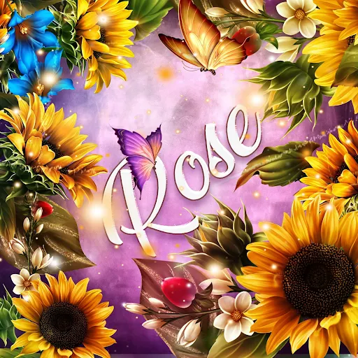 imágen con el nombre rosy con fondo de girasoles y mariposas para descargar gratis