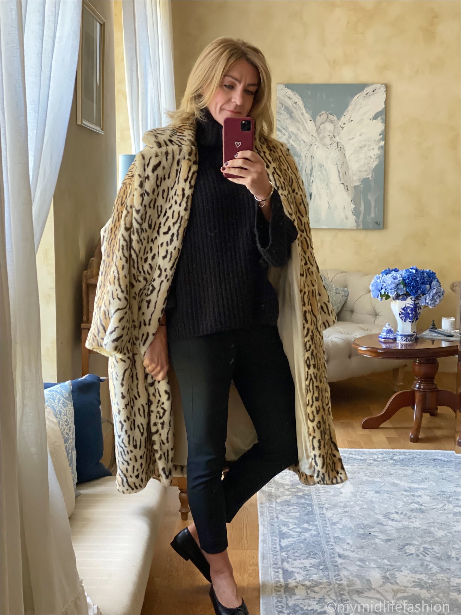 my midlife fashion, h and m faux fur leopard print coat, j crew cigarette pants, Joesph roll neck jumper, Chanel ballet pumps