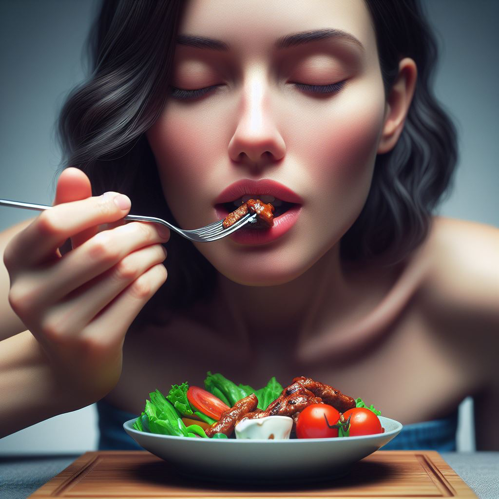 A person savoring a meal, chewing slowly