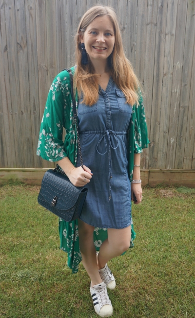 chambray dress with green white floral duster kimono adidas superstar sneakers, rebecca minkoff love too bag | awayfromblue