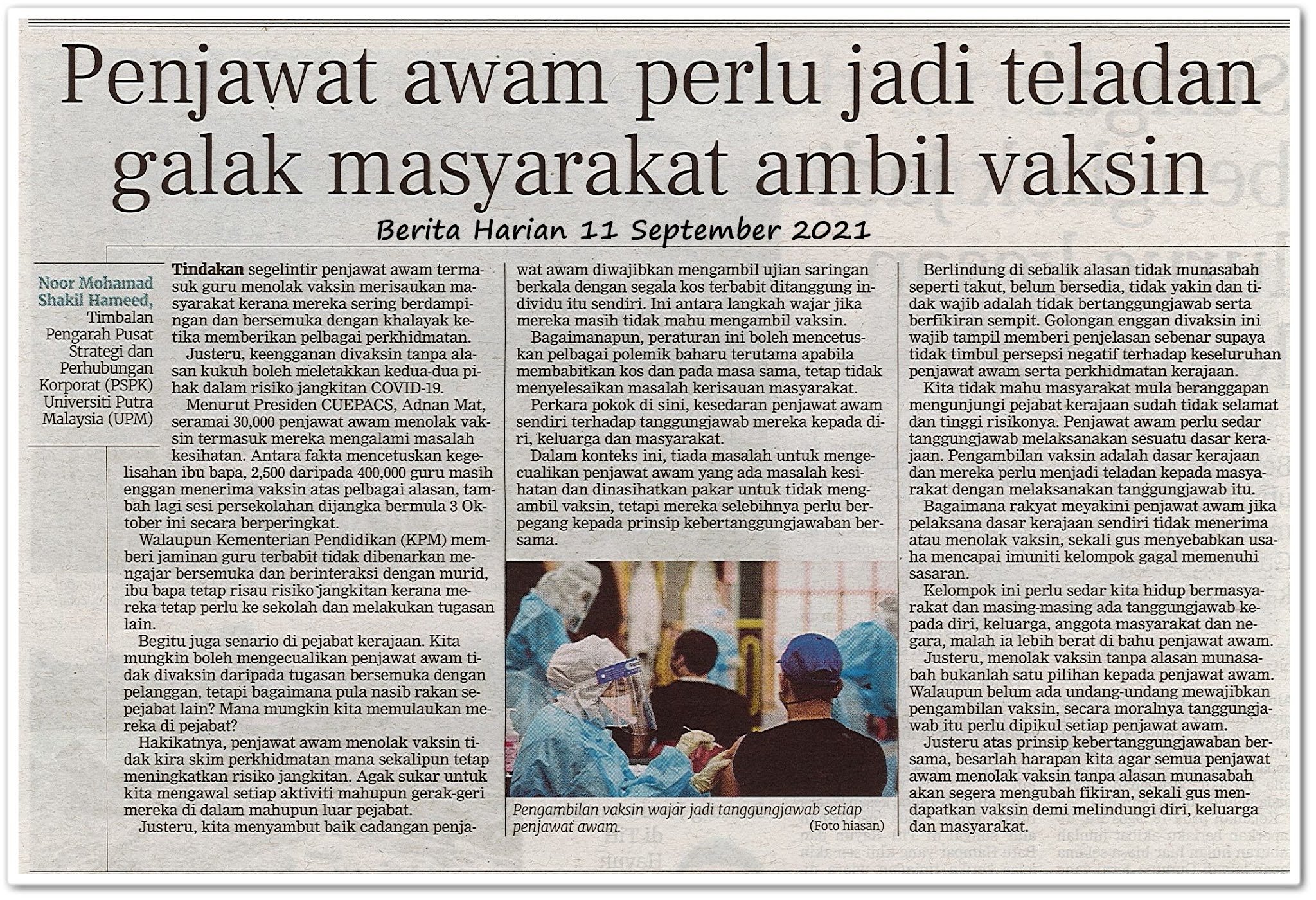 Penjawat awam perlu jadi teladan galak masyarakat ambil vaksin - Keratan akhbar Berita Harian 11 September 2021