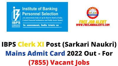 Sarkari Exam: IBPS Clerk XI Post (Sarkari Naukri) Mains Admit Card 2022 Out - For (7855) Vacant Jobs
