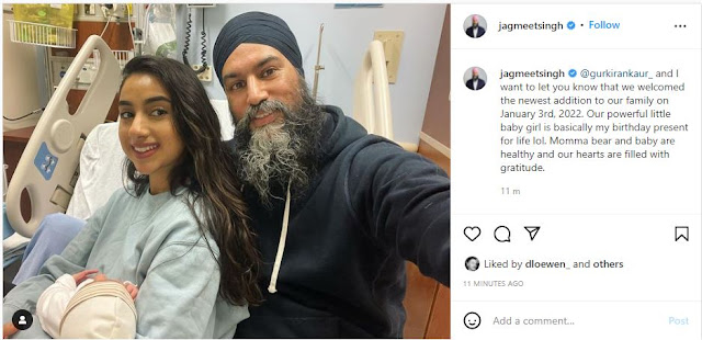 NDP Leader Jagmeet Singh and wife Gurkiran Kaur Sidhu announce birth of baby girl. Singh posted news of the birth on social media, says child was born January 3 and that everyone is healthy and happy.