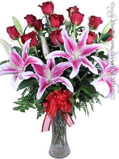 Dozen Long Stem Red Roses With Lilies