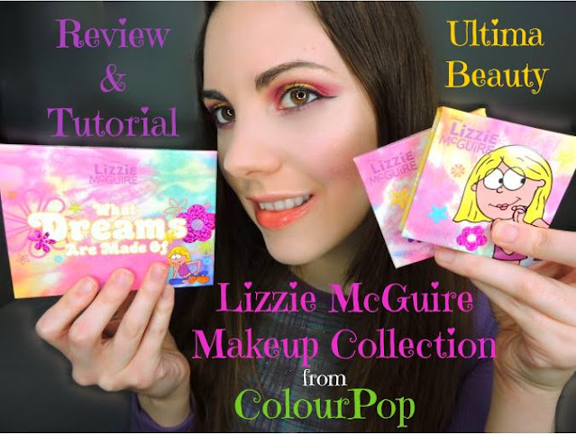 Ultima Beauty holding an eyeshadow palette and two blushes. Text reads: Review & Tutorial Lizzie McGuire Makeup Collection from ColourPop Ultima Beauty