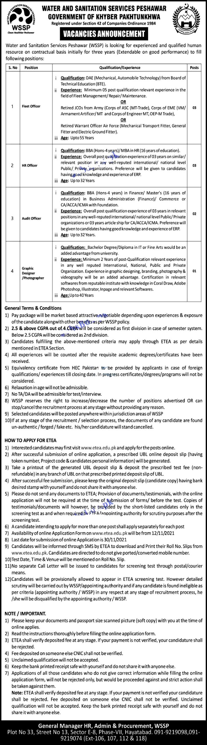 Water and Sanitation Services Peshawar WSSP Jobs December 2021