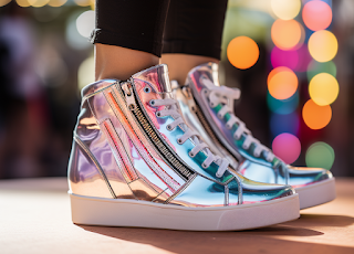 Pink shiney shades in sneakers with zipper, heel, and laces.