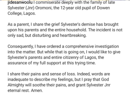 Gov Sanwo-Olu Reacts to Dowen College Student Sylvester Oromoni's Death