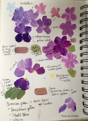 Sketchbook drawings, color tests for African Violet painting.