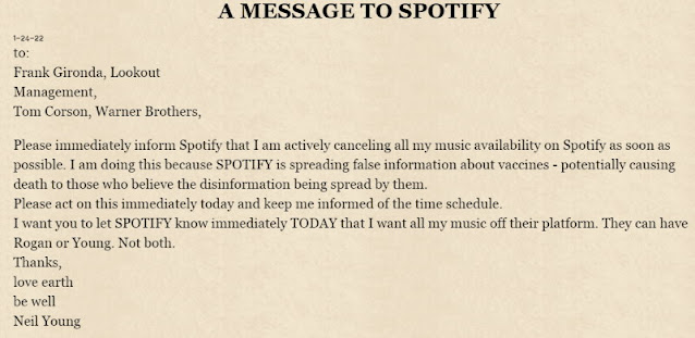 Neil Young Message to Spotify