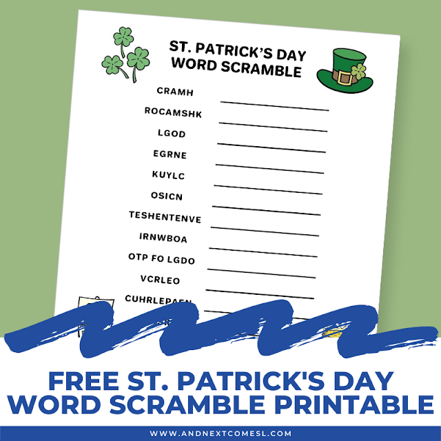 St. Patrick's Day word scramble printable with answers