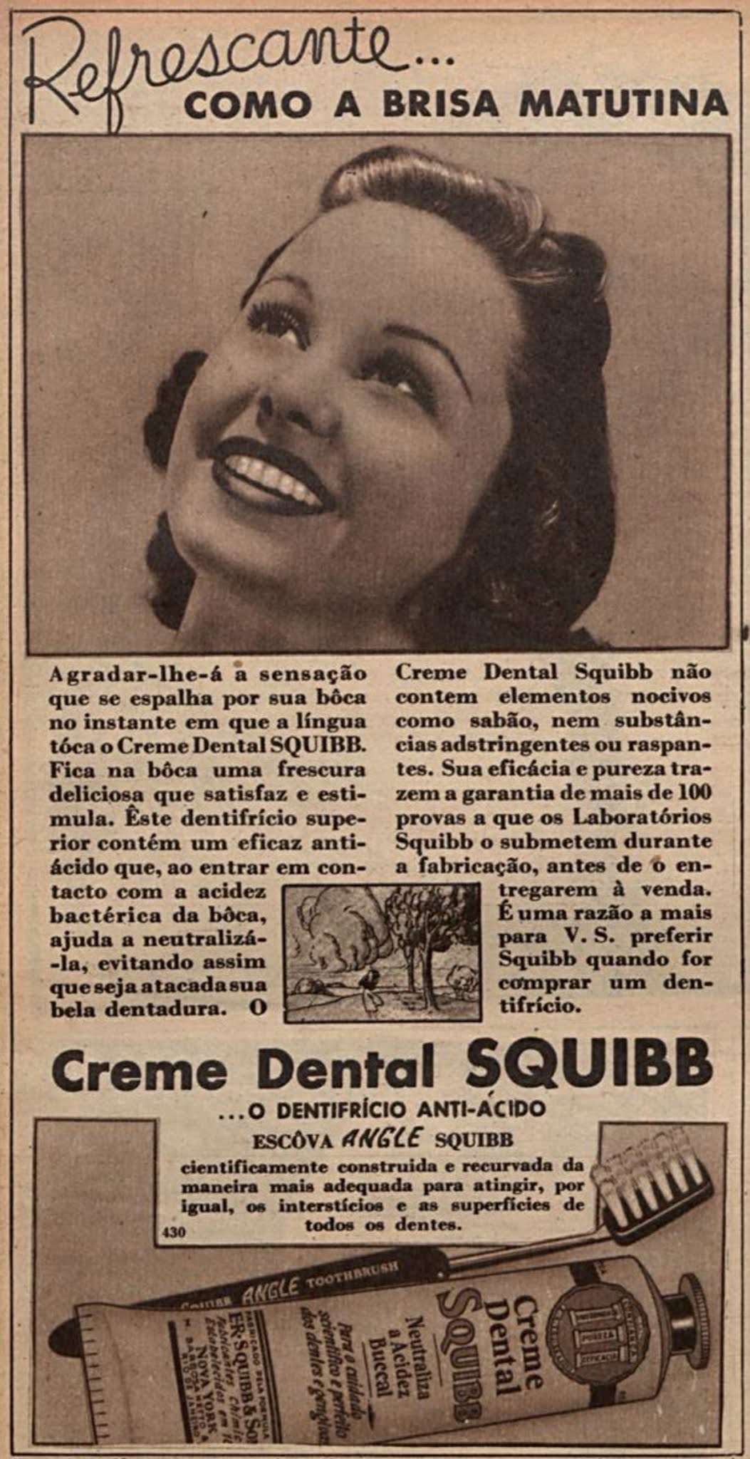 Anúncio veiculado em 1942 promovia o creme dental Squibb