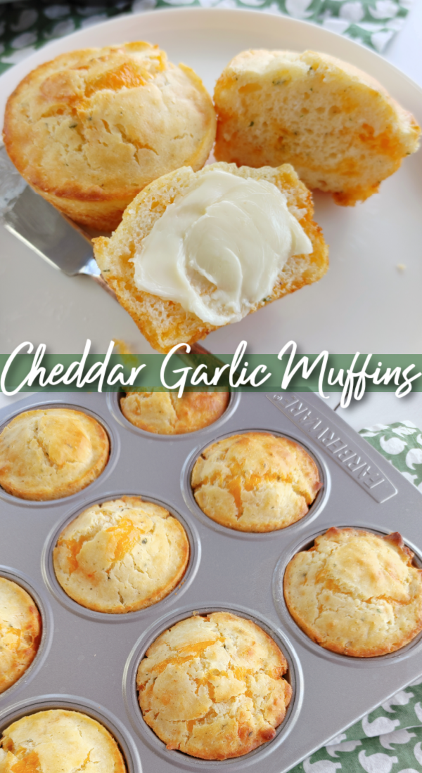 Cheddar Garlic Muffins! A quick and easy recipe for tender, savory muffins packed with cheddar cheese and garlic. An easy way to put fresh, hot, homemade bread on the table without much fuss!