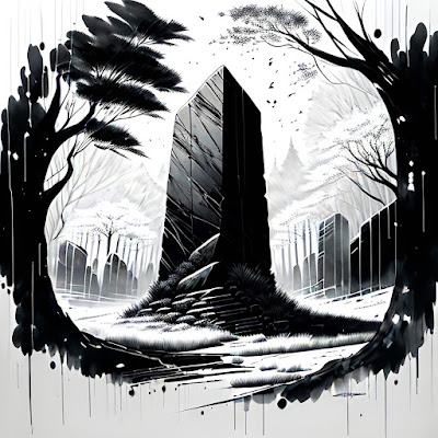 A black and white drawing of a stone monolith in the middle of a clearing