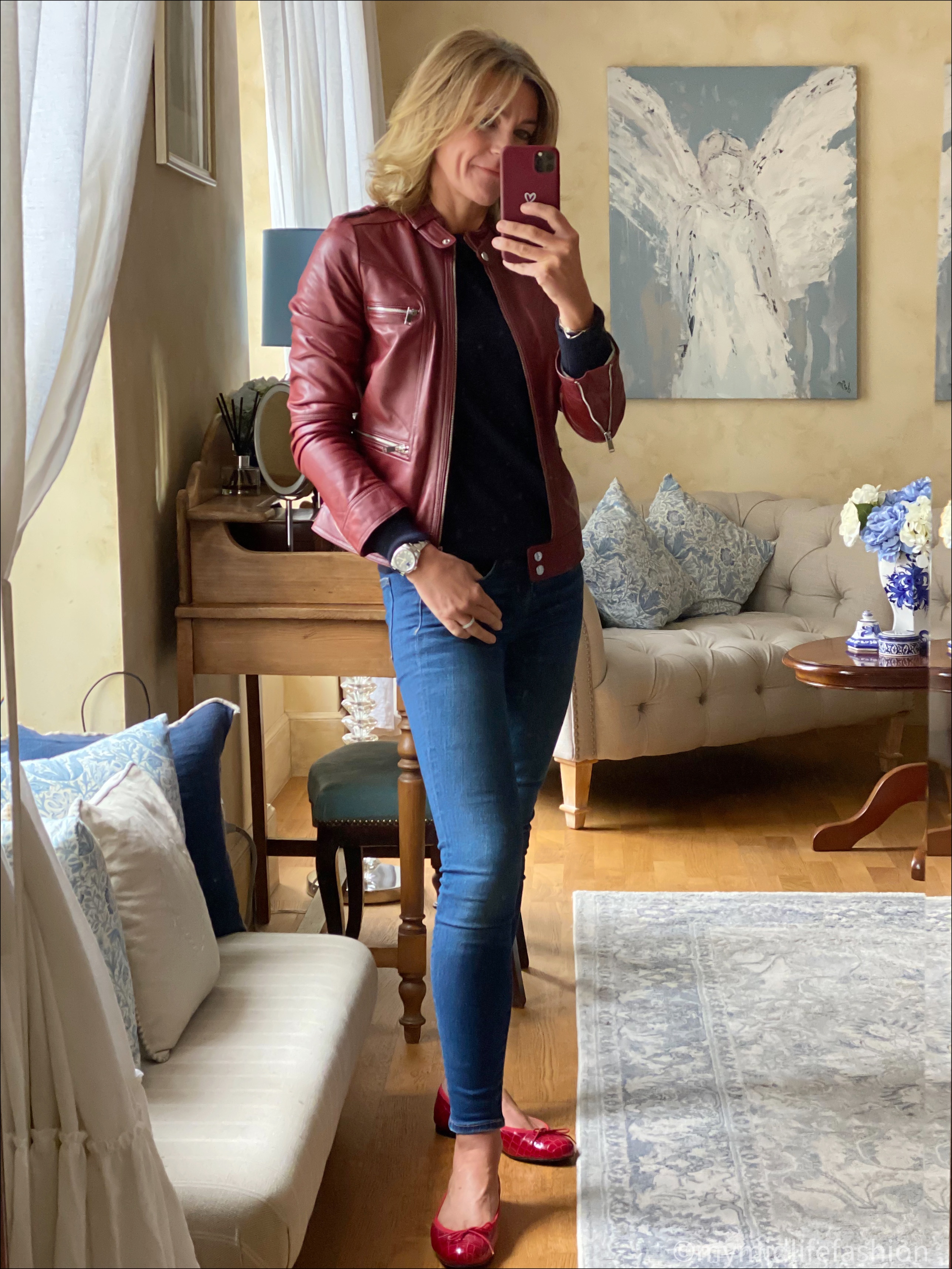 my midlife fashion, hide park leather biker jacket, marks and Spencer pure cashmere crew neck jumper, j crew 8 inch toothpick skinny jeans, French sole Henrietta croc ballet pumps