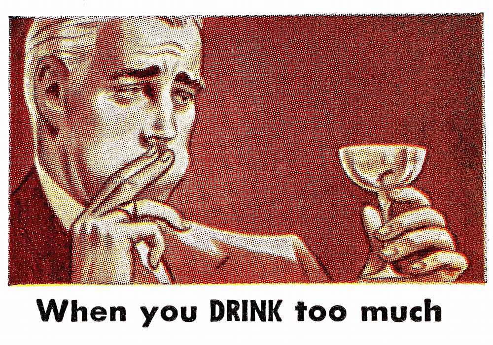 an 1940 alcolhol nausea illustration, when you drink too much