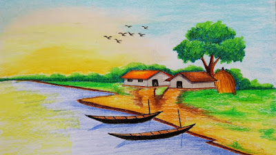 Gambar Pemandangan Tepian Sungai 2 kapal di desa