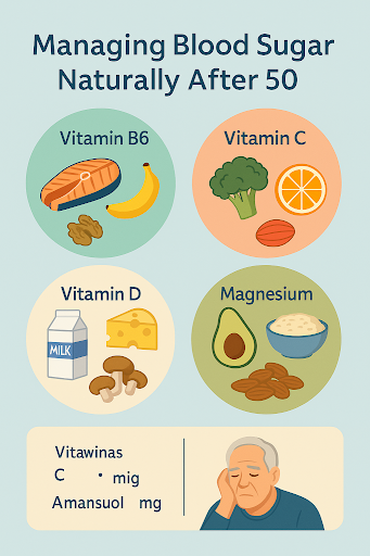 "Infographic showing essential vitamins and healthy foods to manage blood sugar naturally for seniors over 50."