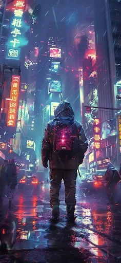 Solitary figure walking through a neon-soaked cyberpunk city street, with vibrant digital billboards reflecting on wet pavement.