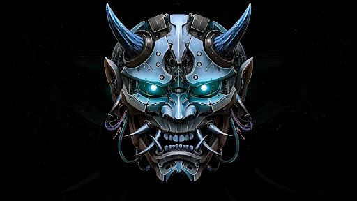 Illustration of a robotic Oni mask with glowing eyes, sharp teeth, and horns, against a dark, detailed background