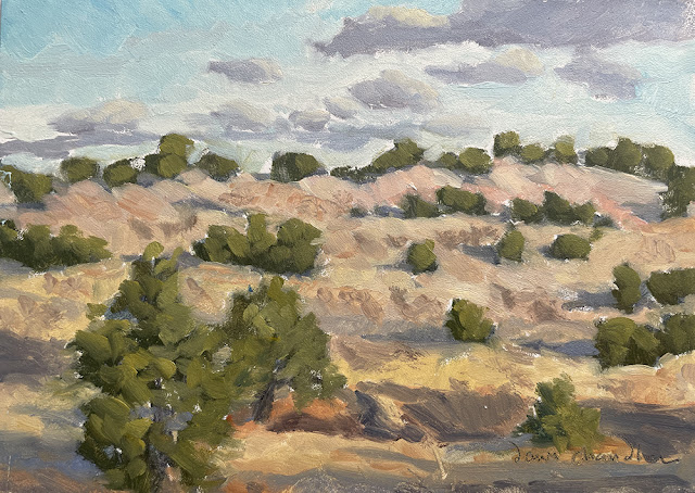 Galisteo Basin Autumn Afternoon plein air landscape painting by New Mexico artist Dawn Chandler