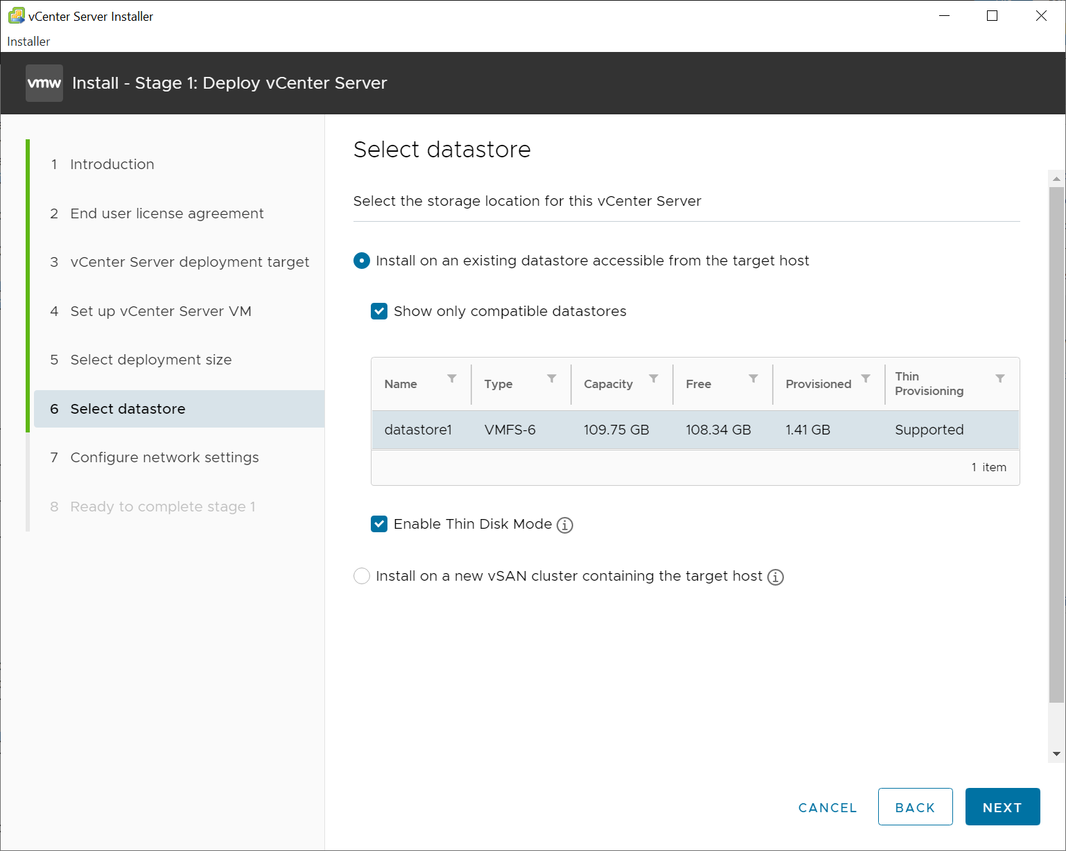 Screenshot showing deploy vCenter Server Select datastore without error