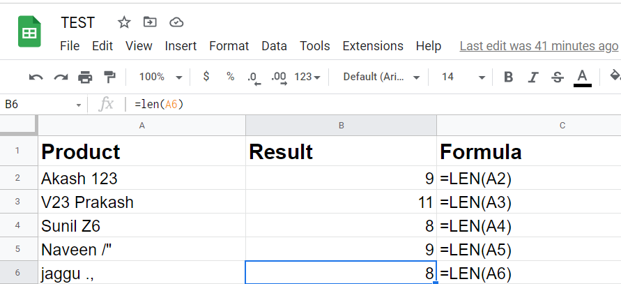 Examples of Len Function in google sheets in hindi