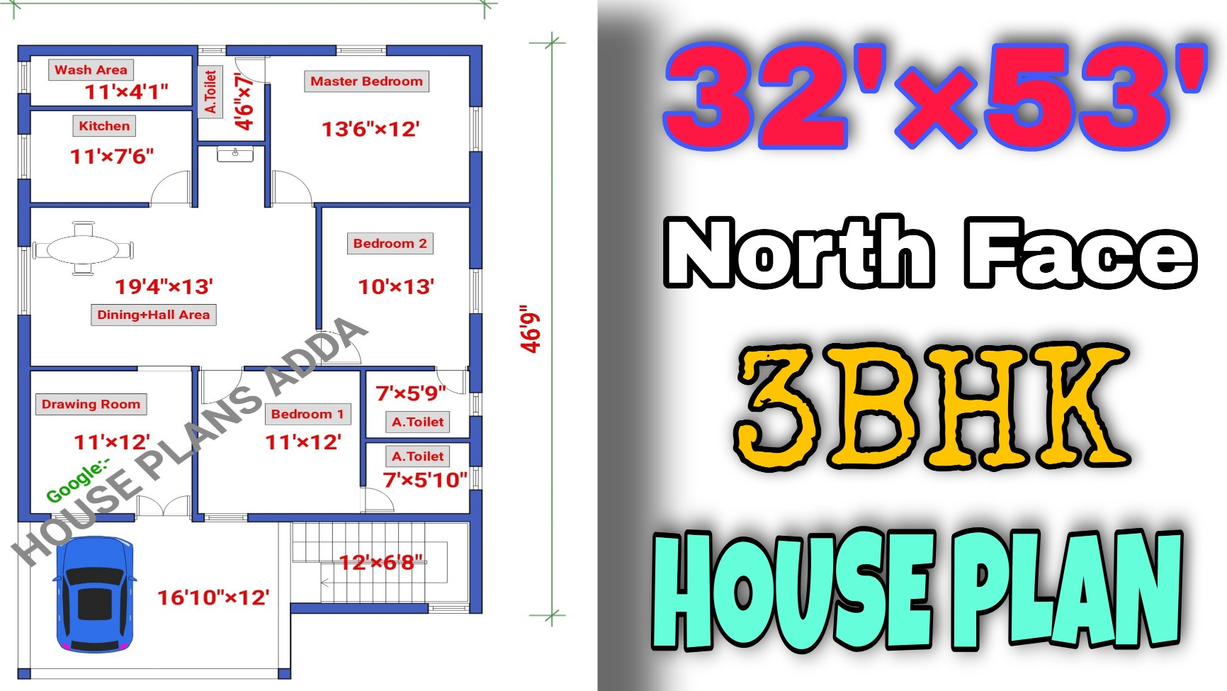 North Facing House Plan 3BHK 32' × 53' with Parking