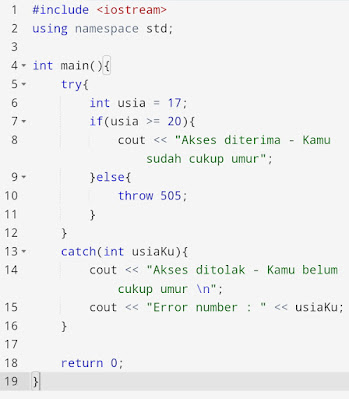 Kode program exception c++ throw dengan angka