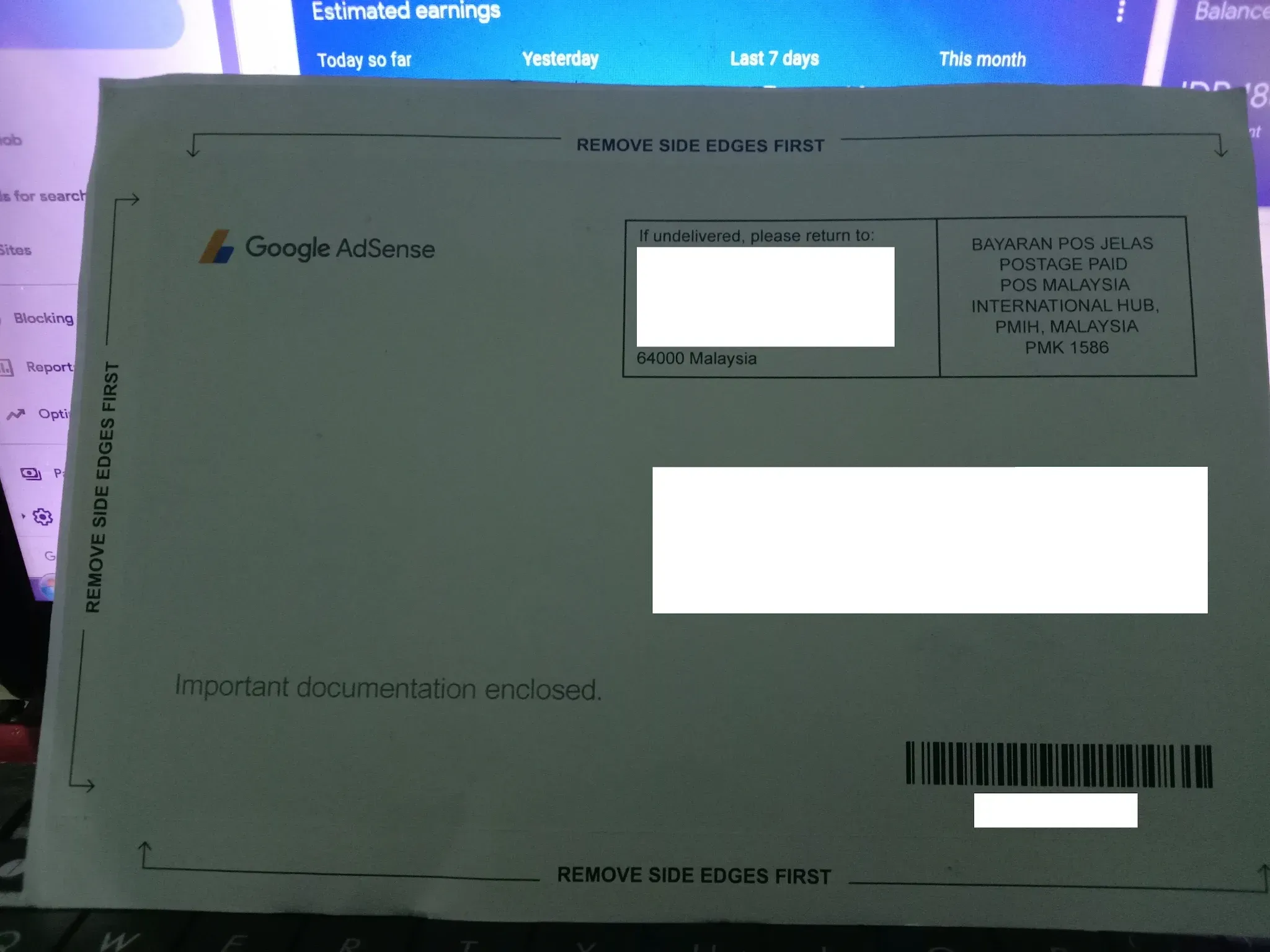 Surat dari Google yang berisi PIN AdSense, ternyata dikirm dari Malaysia!