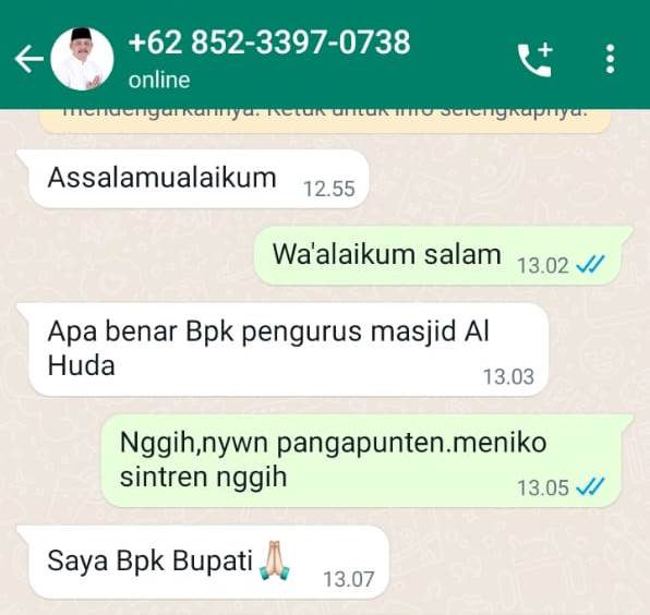 Waspada, Modus Penipuan Atas Nama Bupati Purworejo via Whatsapp