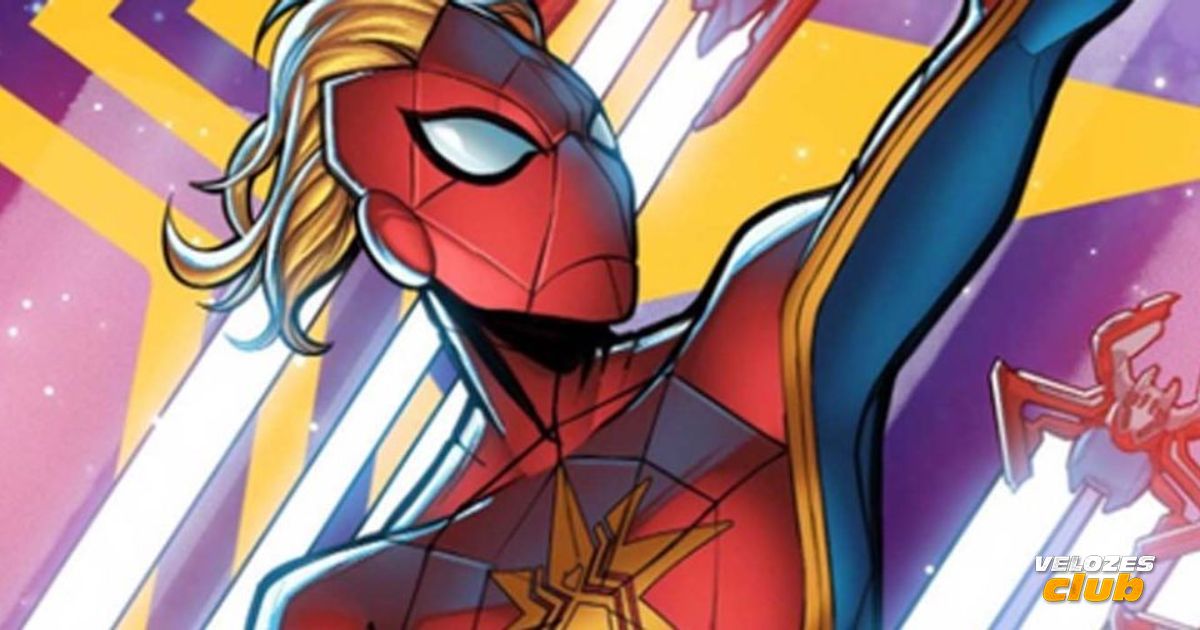 Capitã Marvel com seu traje remixado com o do Homem Aranha