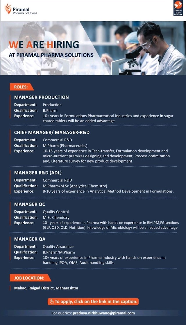 Piramal Pharma | Hiring for Manager roles in Multiple Departments | Send CV