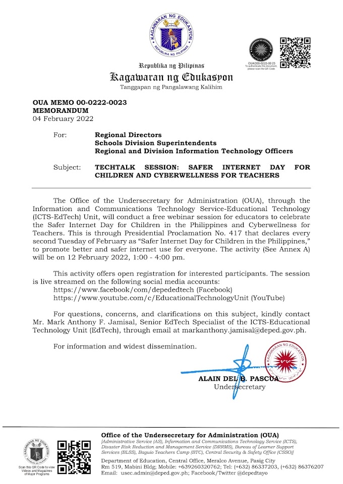 Free Webinar for Teachers with DepEd Memorandum | OUA MEMO 000-0222-0023 on TECHTALK SESSION : Safer Internet Day for Children and Cyberwellness for Teachers | February 12