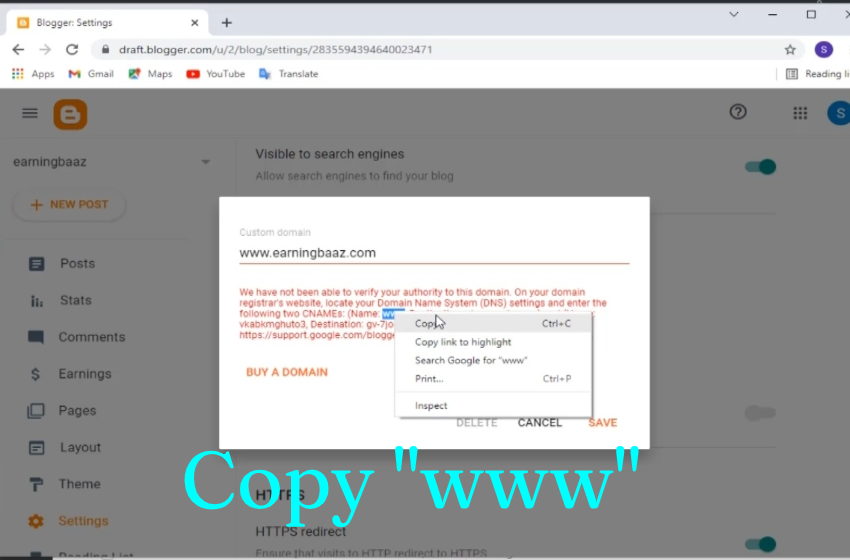 Then go to the record page of the blog and write "www" next to "Name" which is written next to "CNAME". Copy it from here.