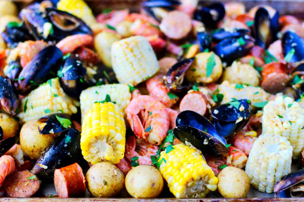 Viet-Cajun Seafood Boil on a tray.