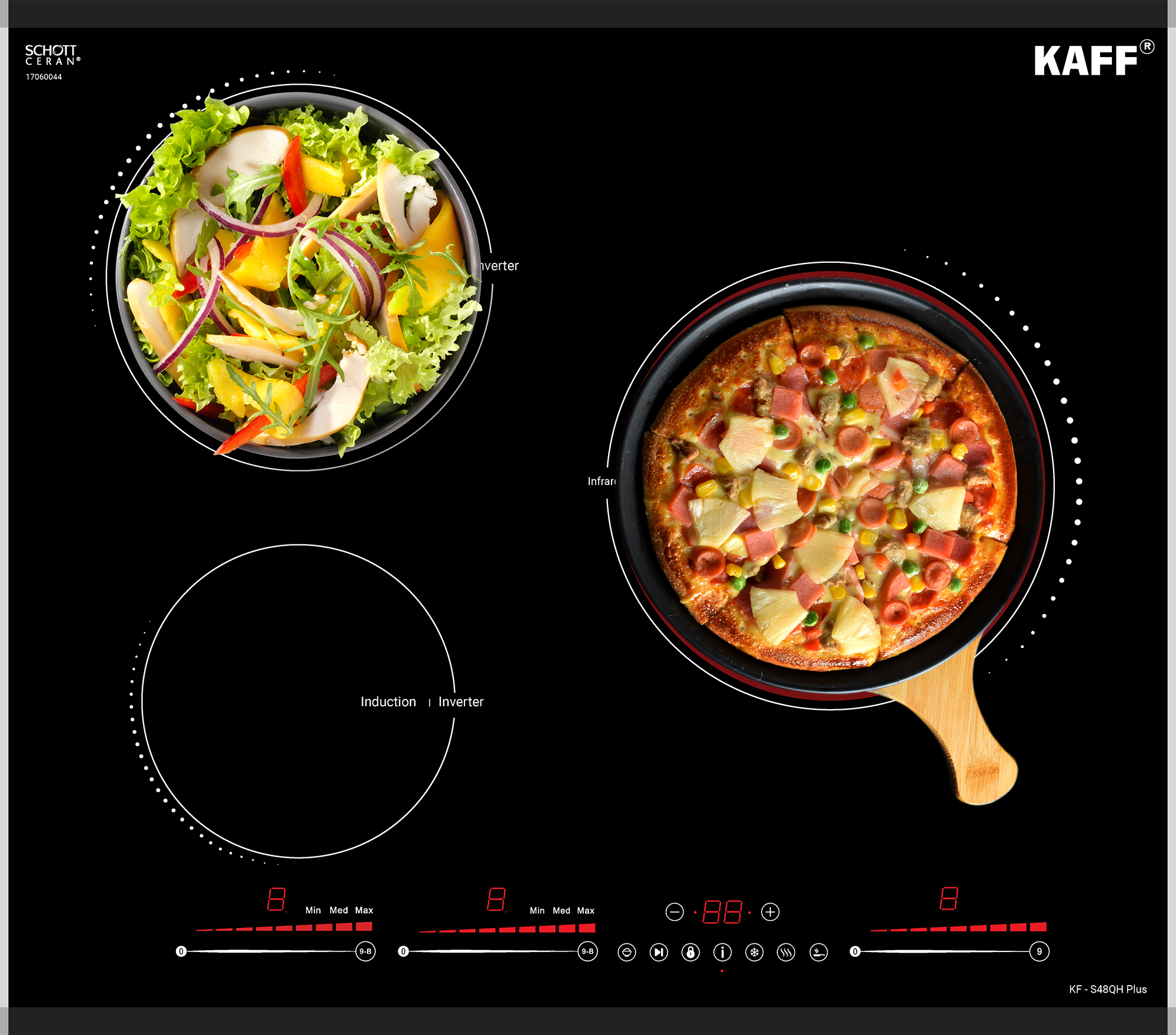 Bếp điện từ Kaff KF-S48QH Plus thiết kế bảng điều khiển dạng Slider Control cùng các tiện ích được cài đặt sẵn. Siêu nhạy, dễ dàng sử dụng và phù hợp với nhiều lứa tuổi